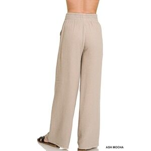 Zenana Double Gauze Pants Women Ash Mocha NWT Wide Leg Smocked Waist Boho Casual